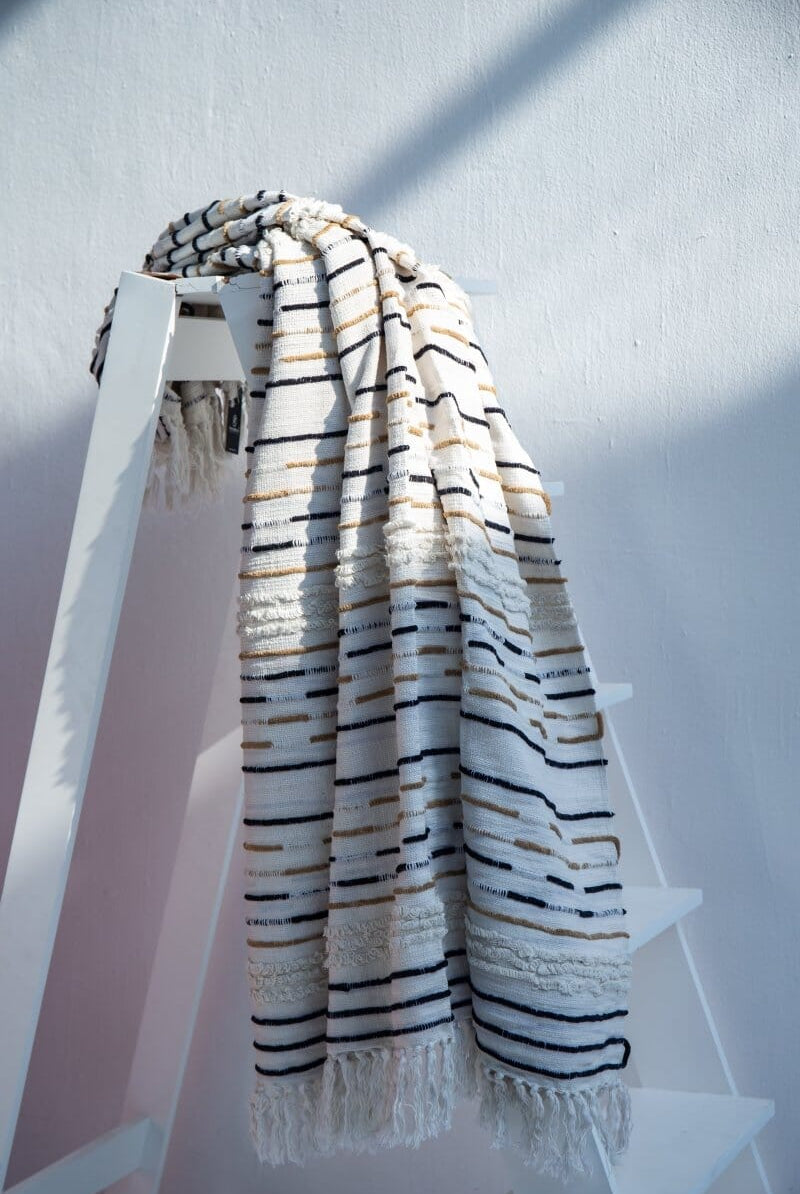 Striped Off-White, Black, Light Brown Throw Blanket (125x150 CM)