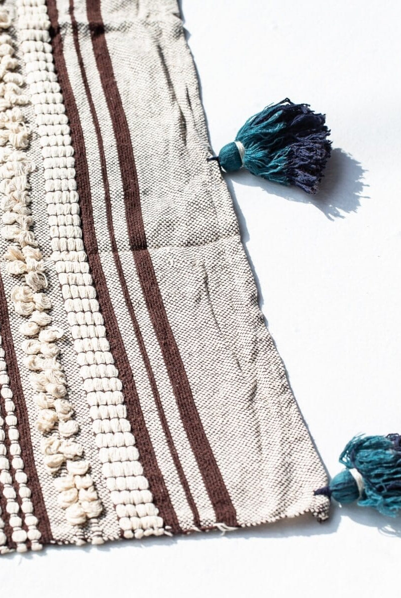 Boho Greige & Blue Tassels Throw Blanket (125x150 CM)