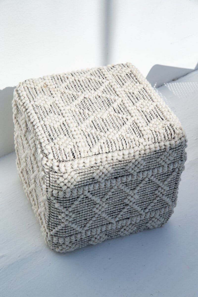 Boho White Lozenge Wool Pouf (40x40x40 CM)