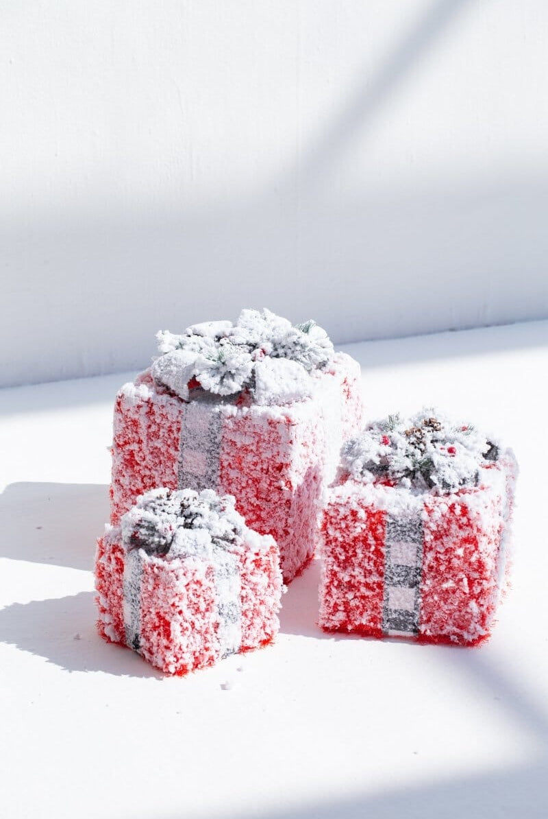 Set of 3 Light Up Red Snowy Present Boxes Homekode