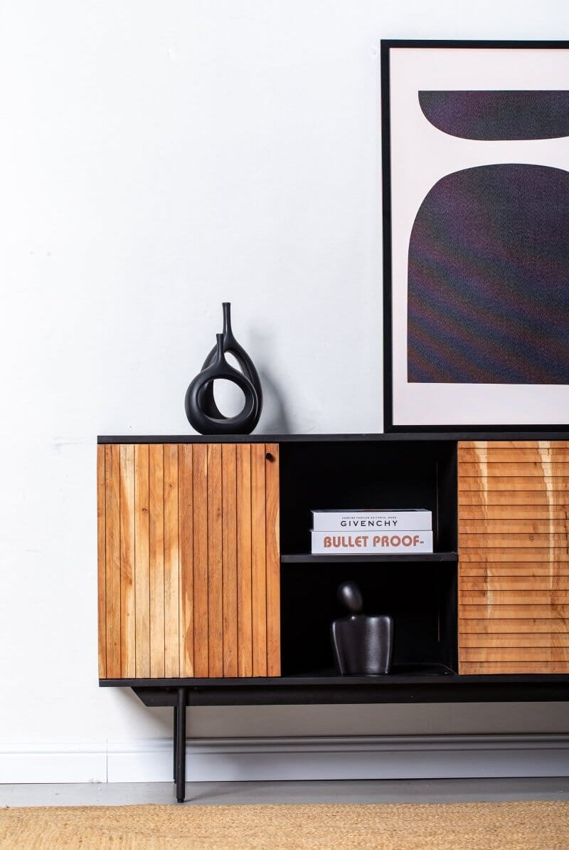 Blake Slat Wooden Sideboard with Black top Homekode