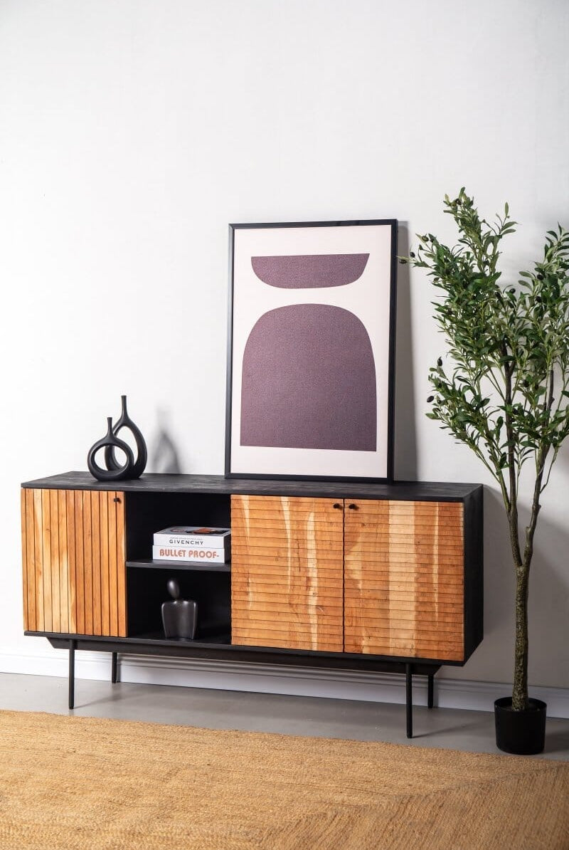 Blake Slat Wooden Sideboard with Black top Homekode