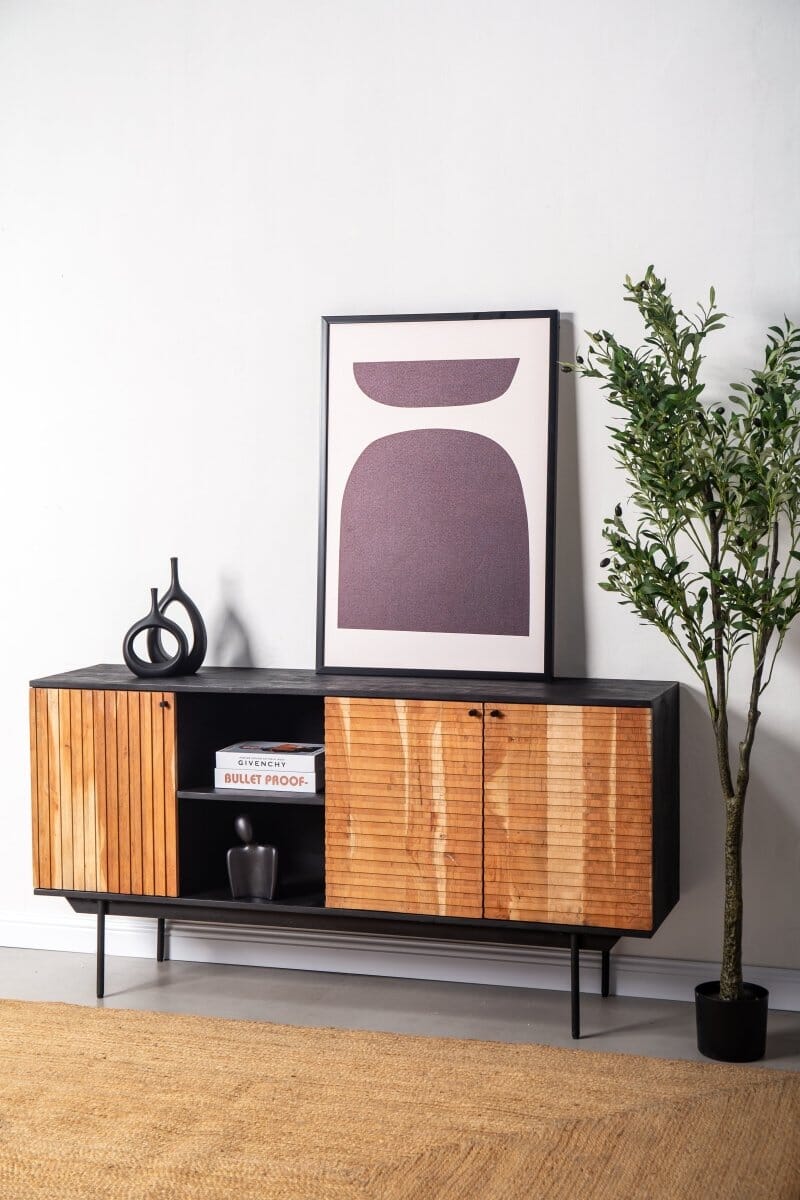 Blake Slat Wooden Sideboard with Black top Homekode