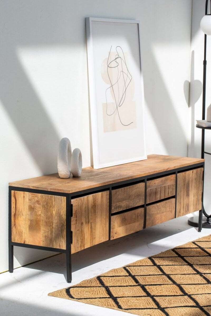 Industrial Mango Wood TV Console with 2 Doors Homekode
