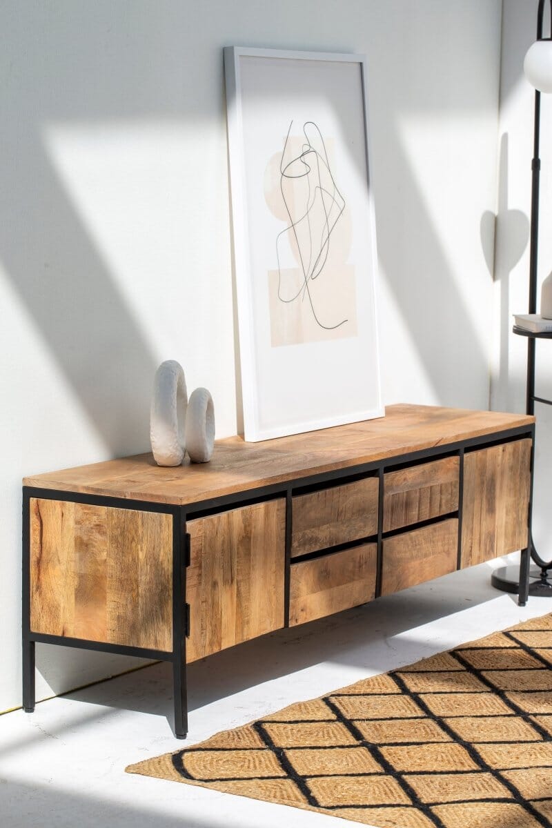 Industrial Mango Wood TV Console with 2 Doors Homekode