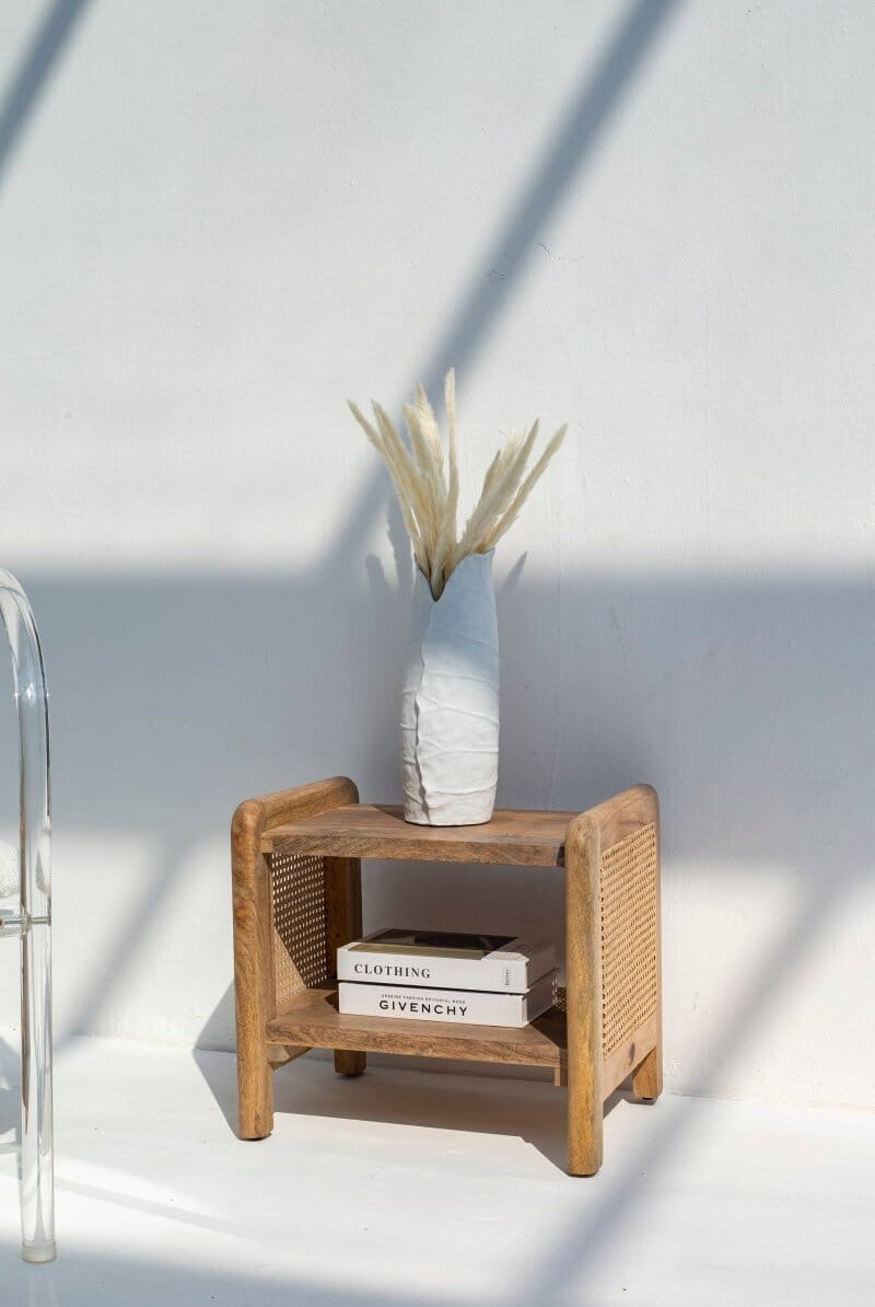 Vivienne Rattan Sides Wood Side Table with Two Shelves