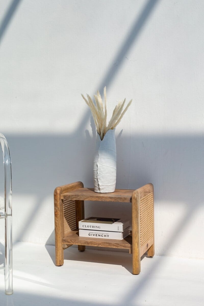 Vivienne Rattan Sides Wood Side Table with Two Shelves