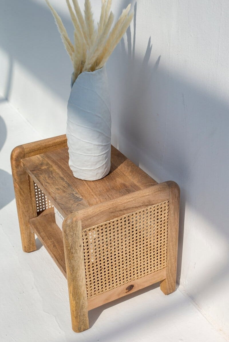 Vivienne Rattan Sides Wood Side Table with Two Shelves Side Table Homekode