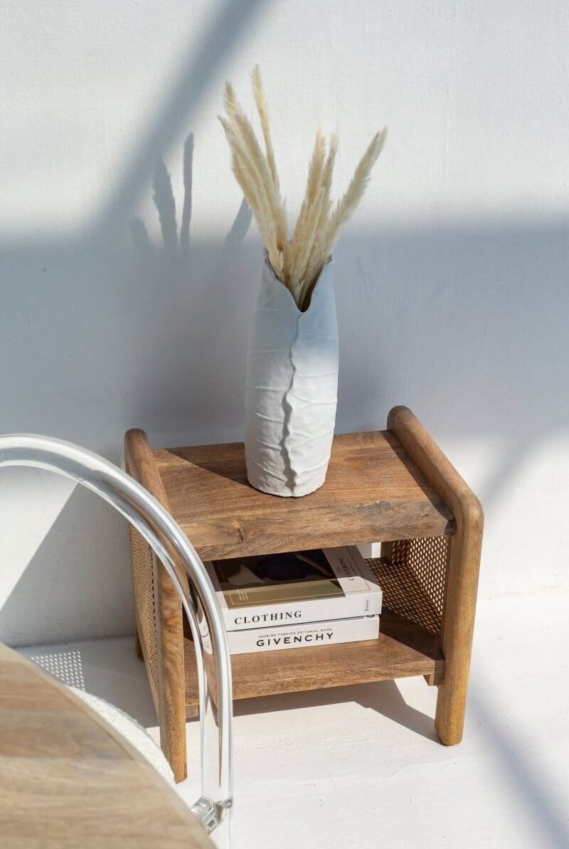 Vivienne Rattan Sides Wood Side Table with Two Shelves Side Table Homekode