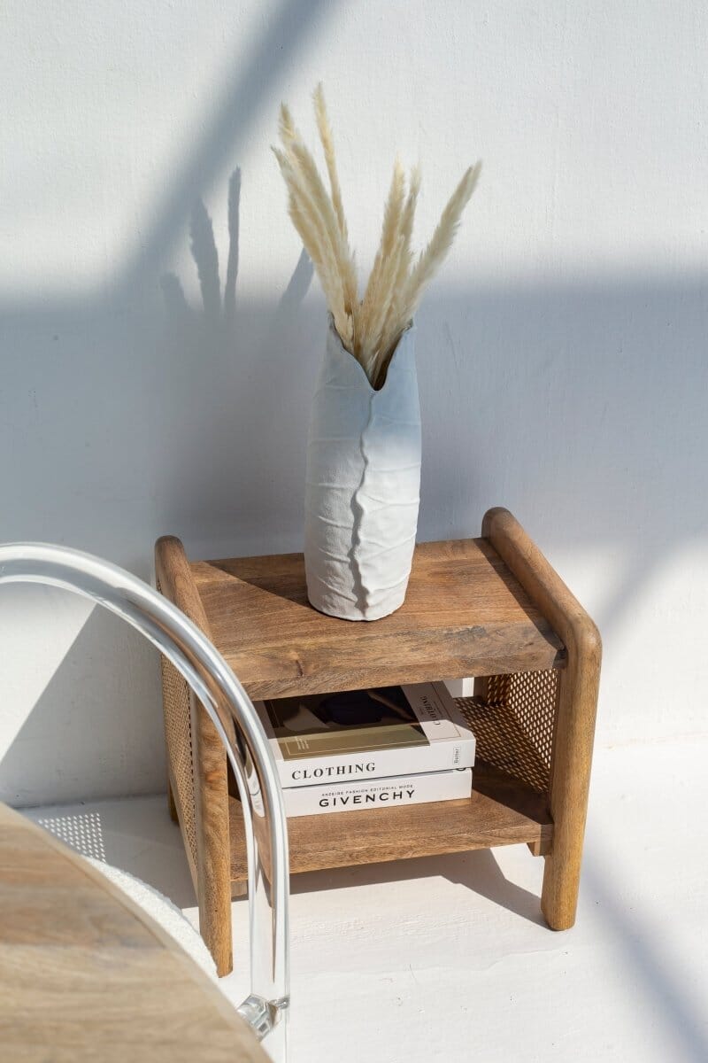 Vivienne Rattan Sides Wood Side Table with Two Shelves Side Table Homekode