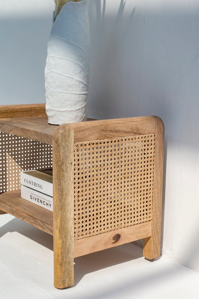 Vivienne Rattan Sides Wood Side Table with Two Shelves Side Table Homekode