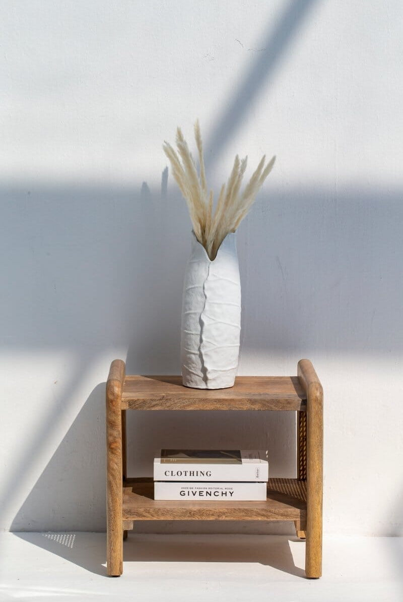 Vivienne Rattan Sides Wood Side Table with Two Shelves Side Table Homekode