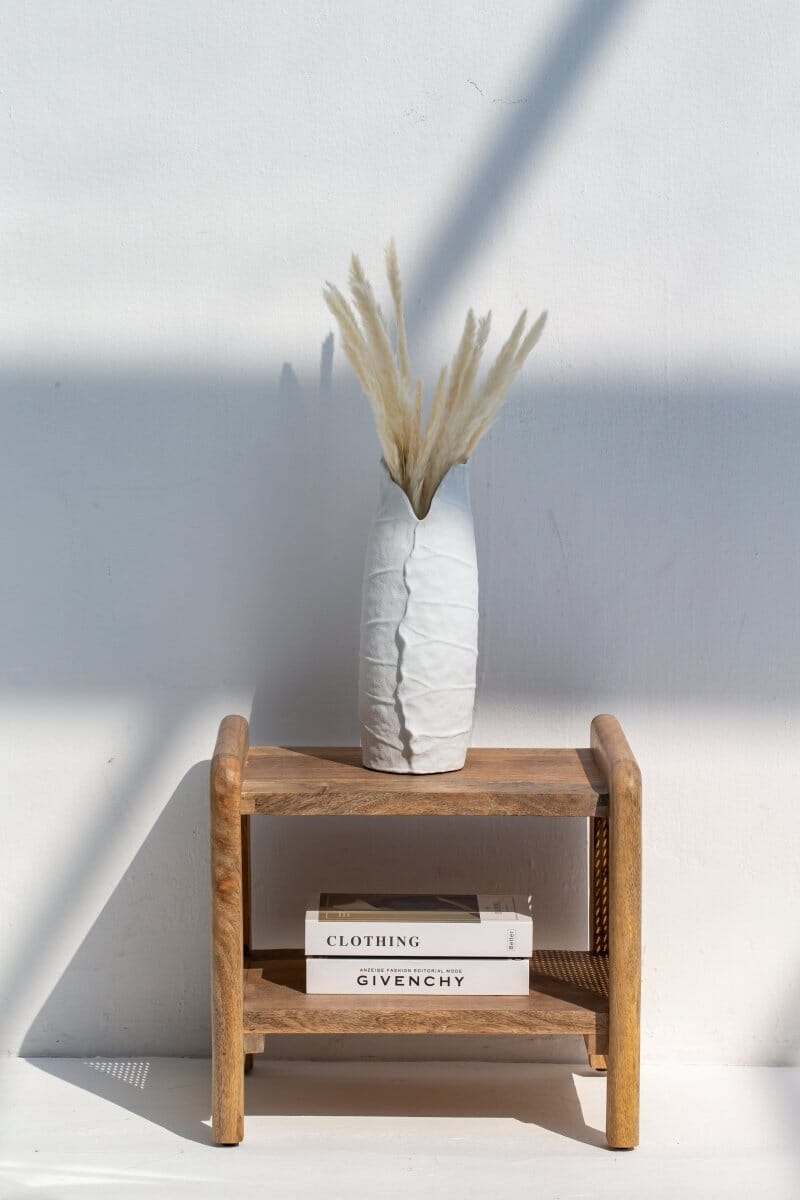 Vivienne Rattan Sides Wood Side Table with Two Shelves Side Table Homekode