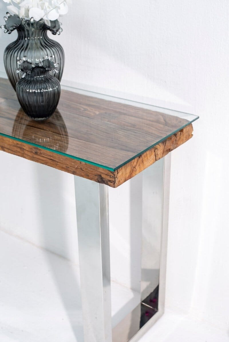 Railway Wood with Glass Top Console Table Homekode