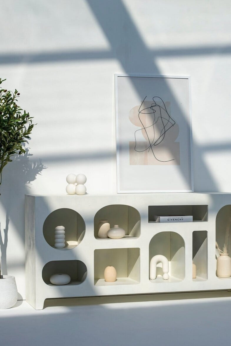 Vilnius White Painted Display Media Console Bookcases & Standing Shelves Homekode