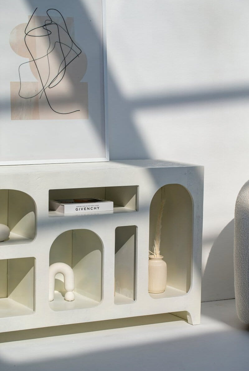 Vilnius White Painted Display Media Console Bookcases & Standing Shelves Homekode