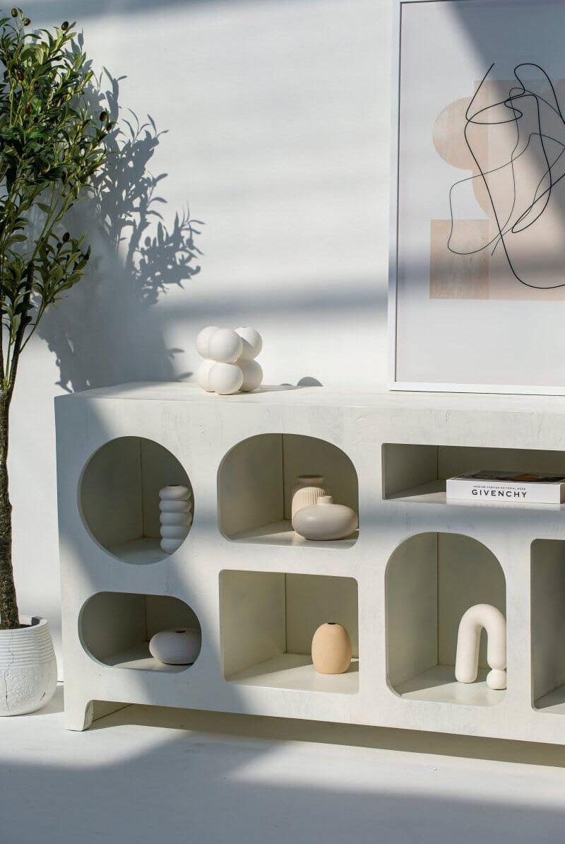 Vilnius White Painted Display Media Console Bookcases & Standing Shelves Homekode