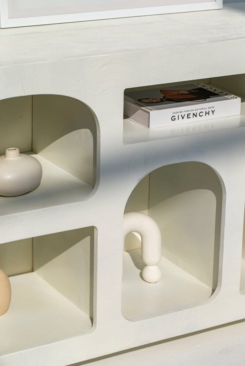 Vilnius White Painted Display Media Console Bookcases & Standing Shelves Homekode