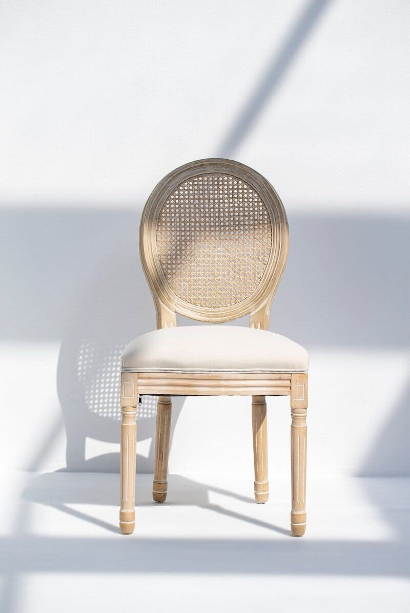 Georgiana Wood Dining Chair with Rattan Back Rest & Off White Seating