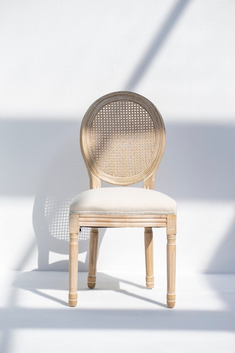 Georgiana Wood Dining Chair with Rattan Back Rest & Off White Seating