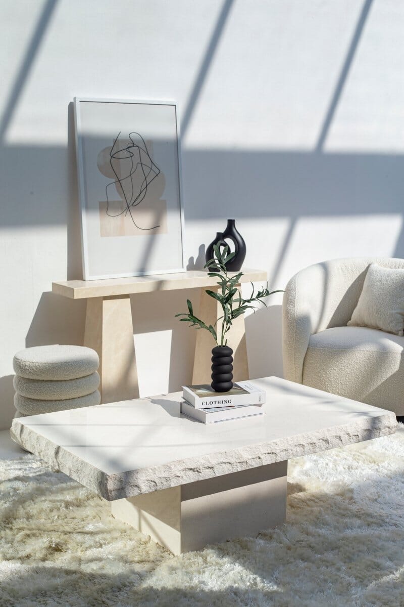 Gala Lime Stone Textured Edges White Coffee Table (3 Sizes) Coffee Tables Homekode