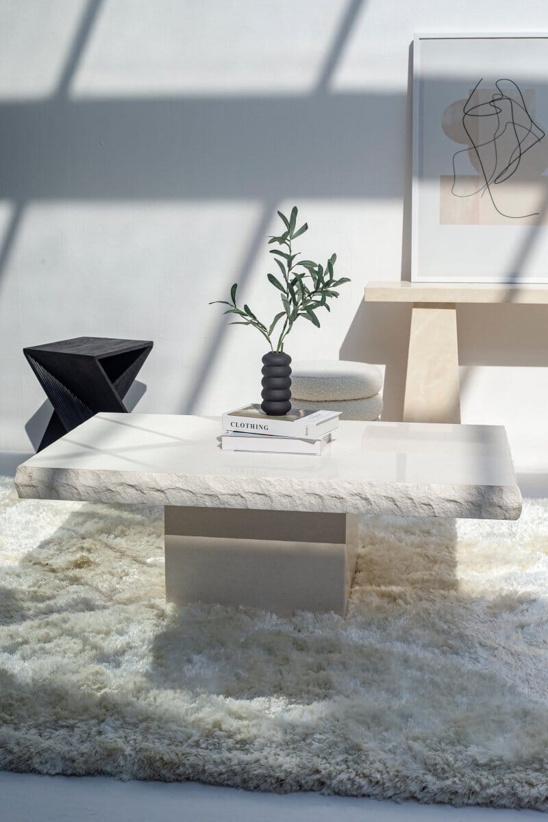 Gala Lime Stone Textured Edges White Coffee Table (3 Sizes) Coffee Tables Homekode