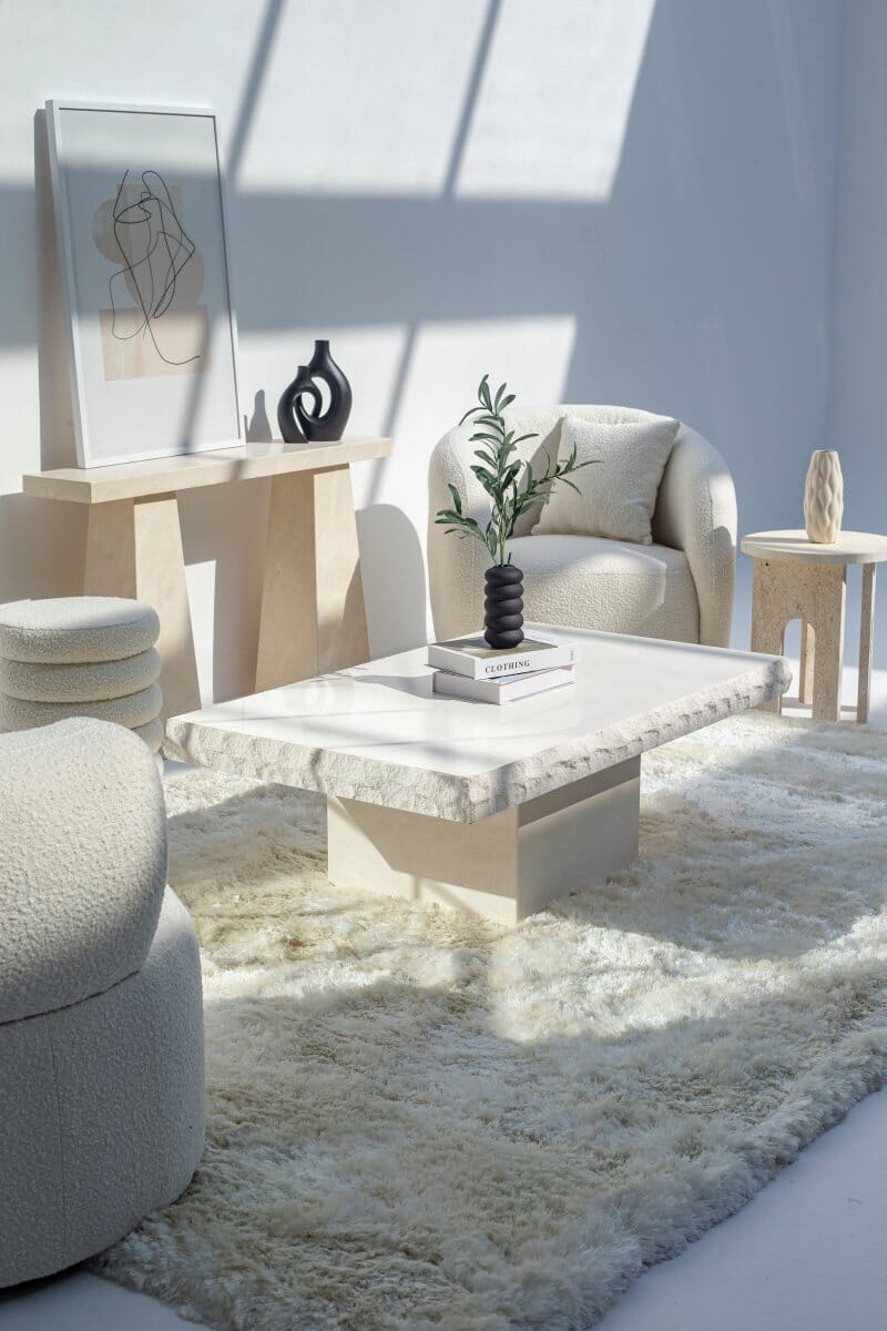 Gala Lime Stone Textured Edges White Coffee Table (3 Sizes) Coffee Tables Homekode