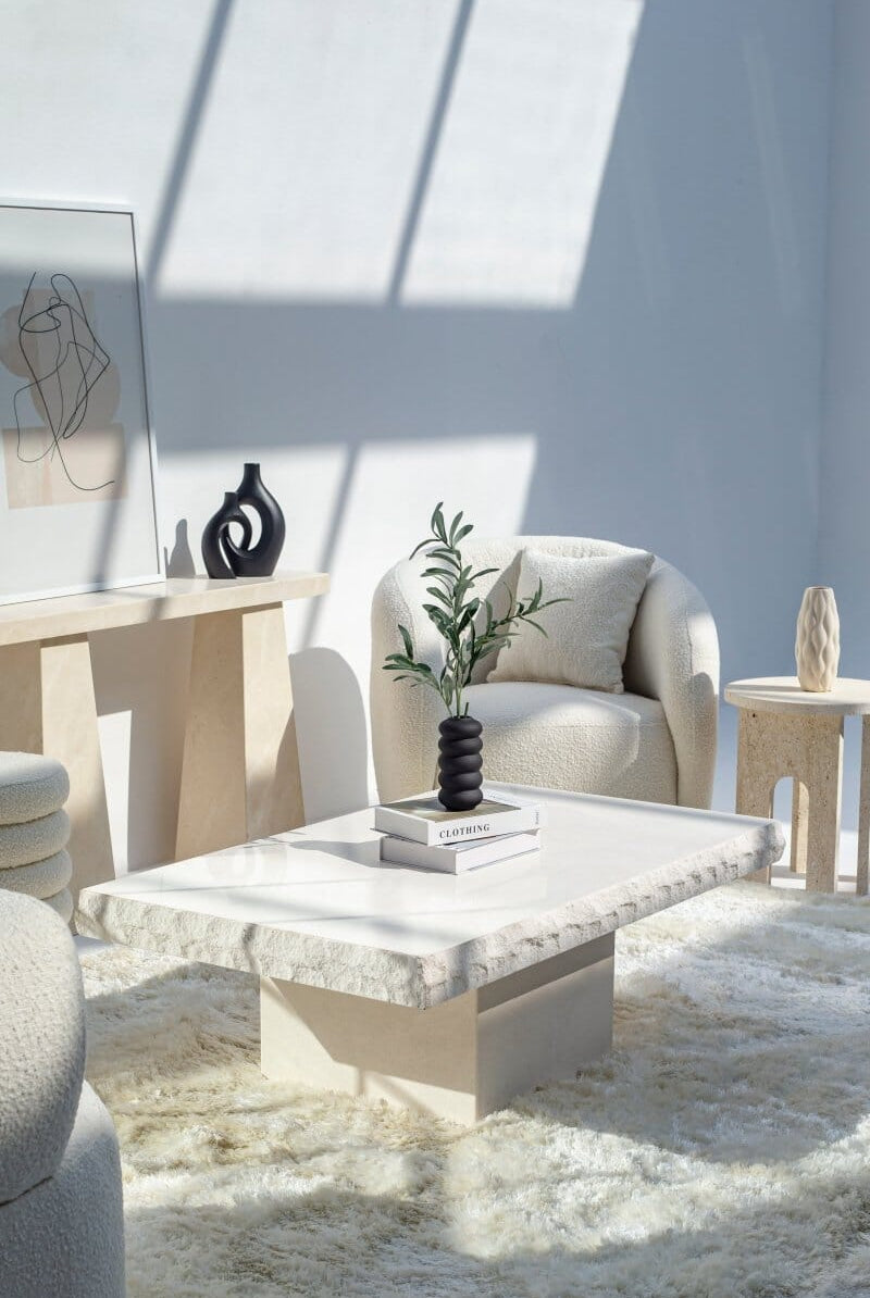 Gala Lime Stone Textured Edges White Coffee Table (3 Sizes)