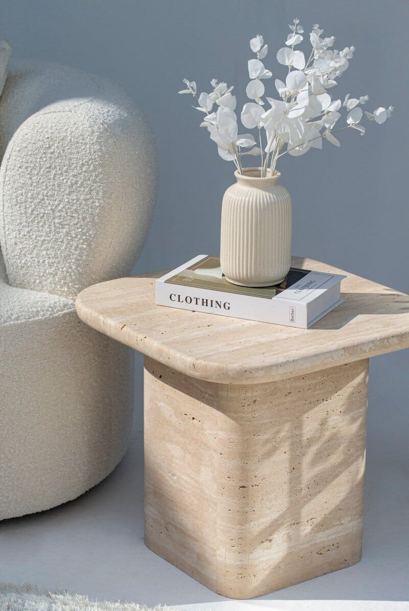 Brynn Square Top with Rounded Corners Travertine Side Table