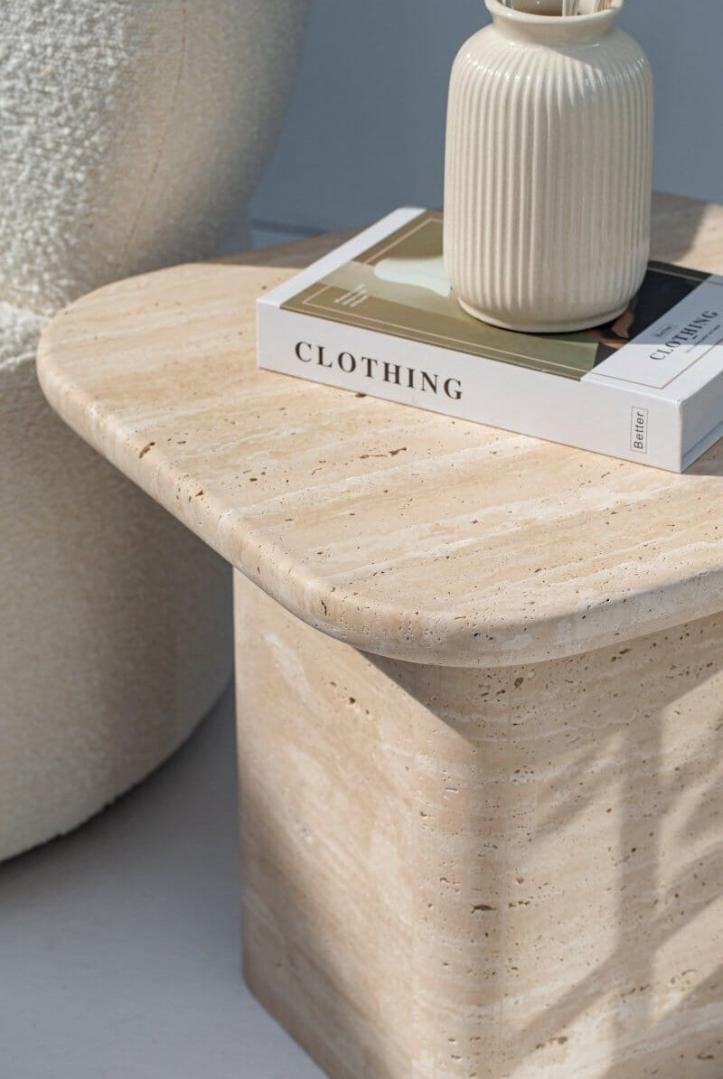 Brynn Square Top with Rounded Corners Travertine Side Table Side Table Homekode