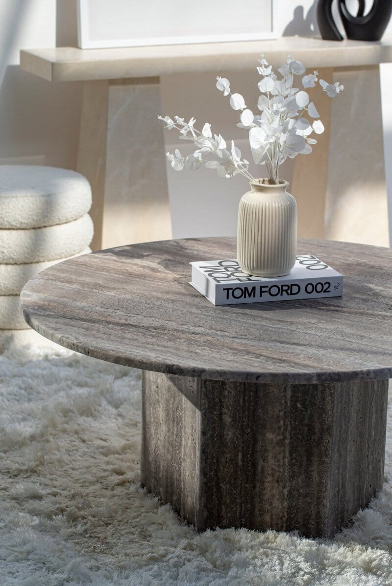 Peyton Grey Travertine Round Coffee Table (3 Sizes) Coffee Tables Homekode