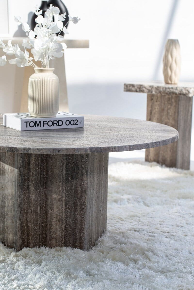 Peyton Grey Travertine Round Coffee Table (3 Sizes) Coffee Tables Homekode