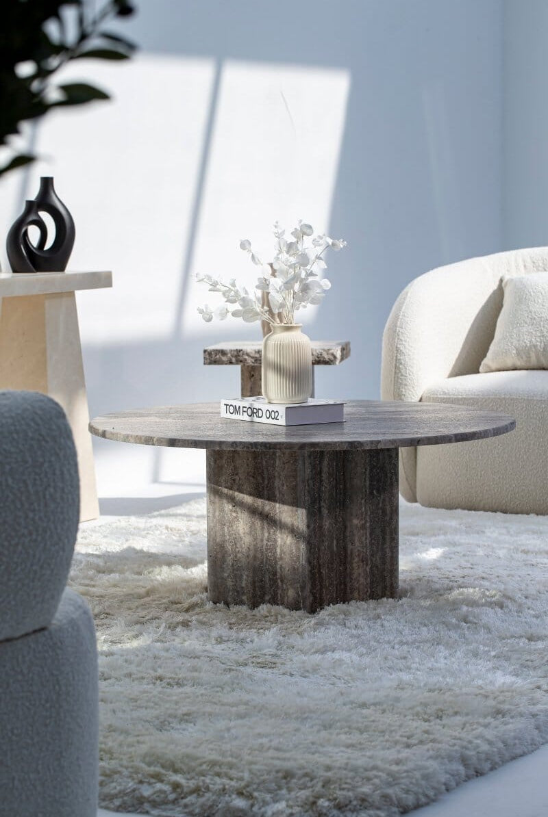 Peyton Grey Travertine Round Coffee Table (3 Sizes) Coffee Tables Homekode