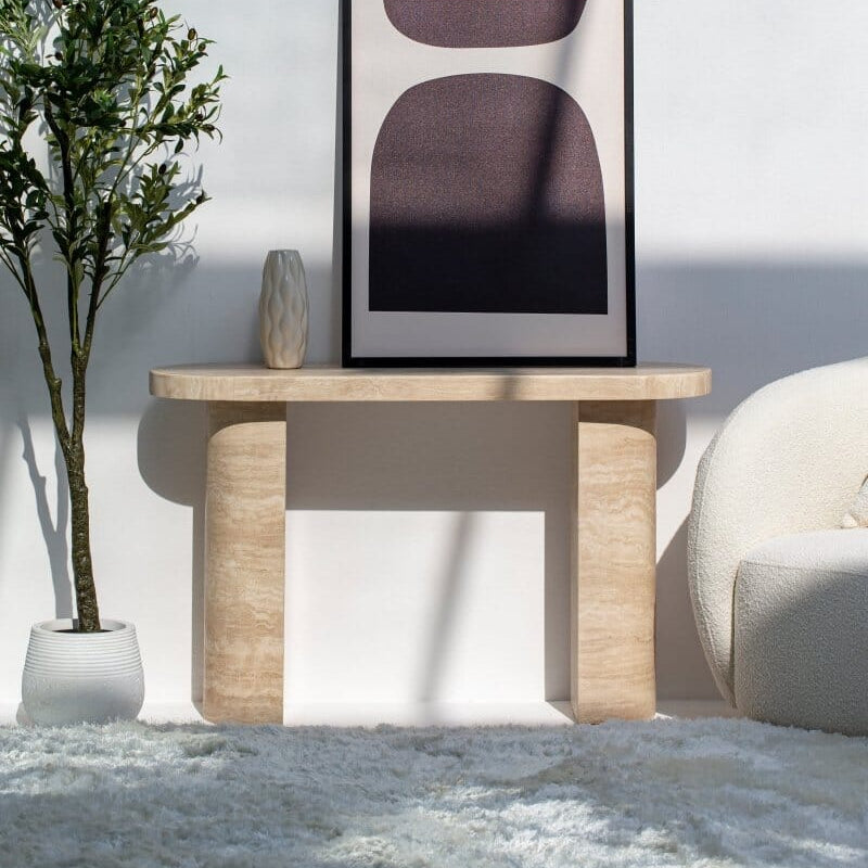Bronx Oval Top Travertine Console Table