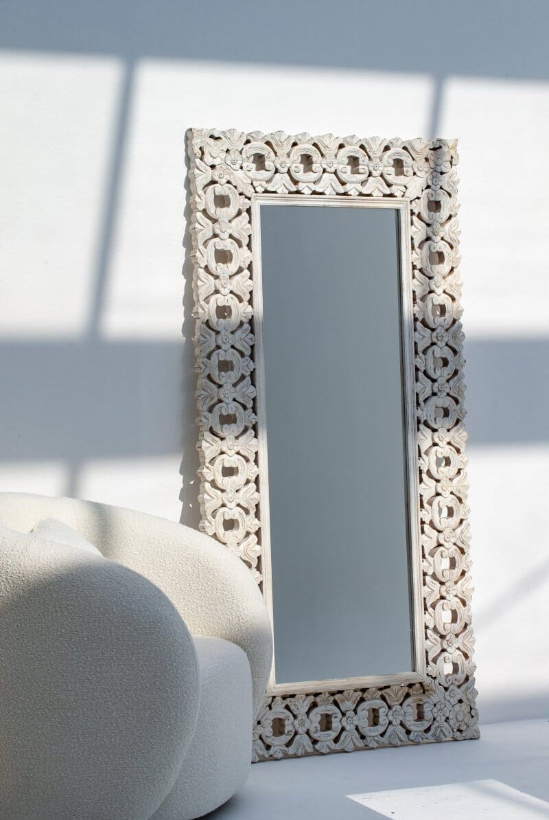 Ornate White Painted Wood Mirror