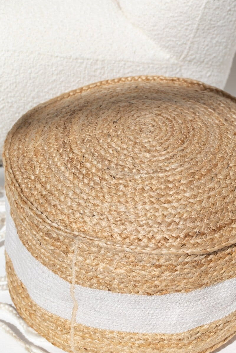 White Natural Jute & Cotton Pouf (50x50x25 CM)