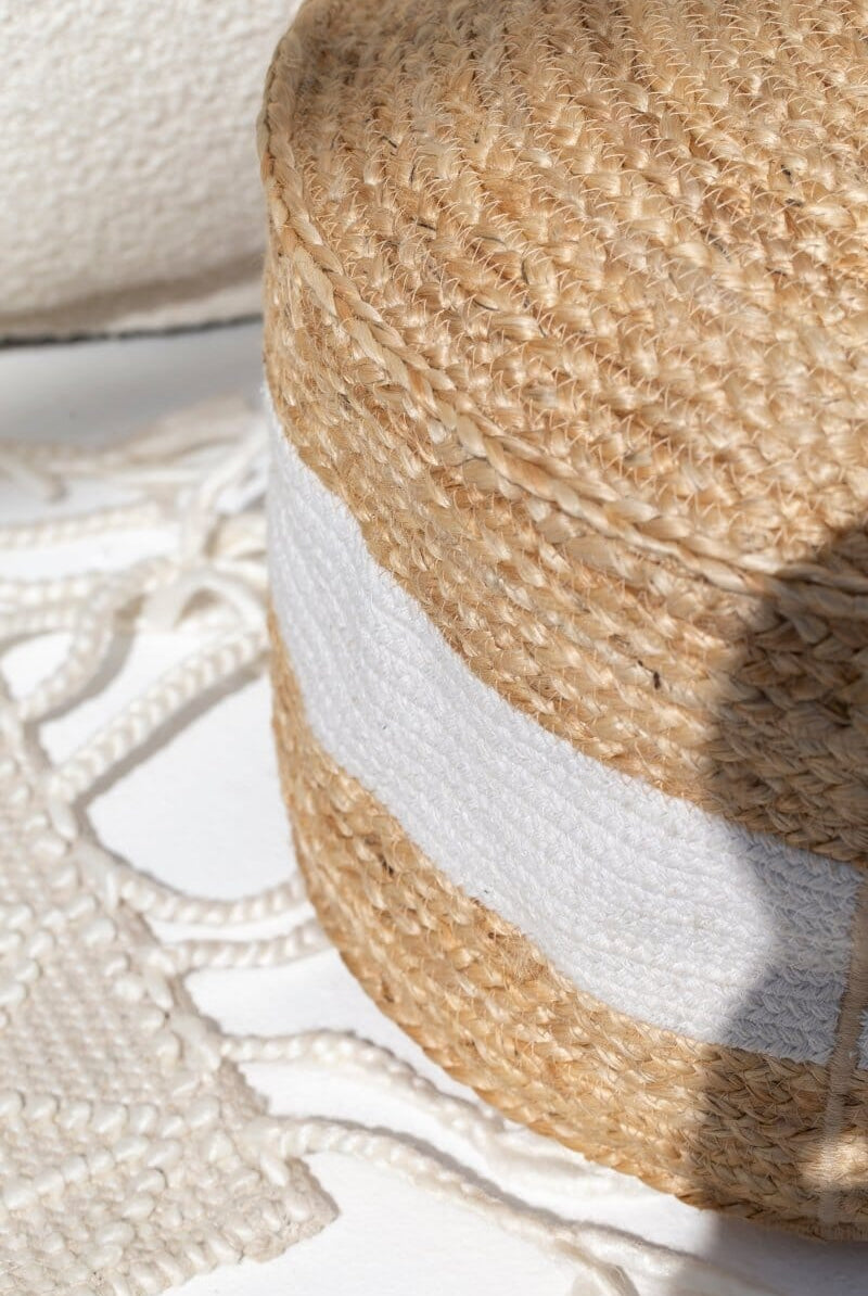White Natural Jute & Cotton Pouf (50x50x25 CM)