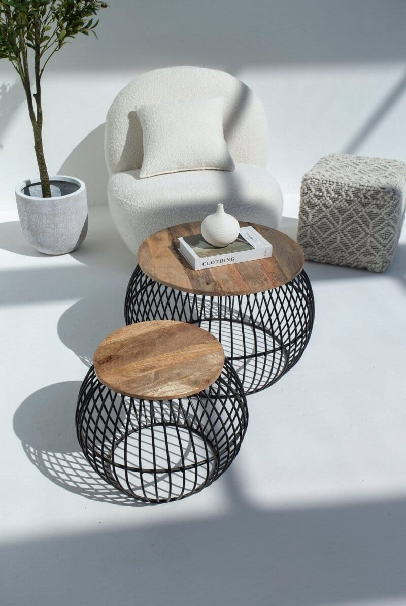 Barber Round Mango Wood Coffee Table Set with Metal Base