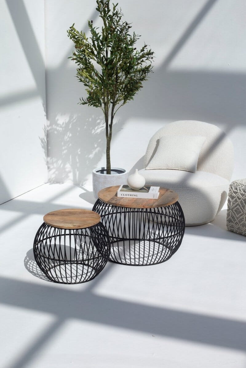 Barber Round Mango Wood Coffee Table Set with Metal Base Homekode