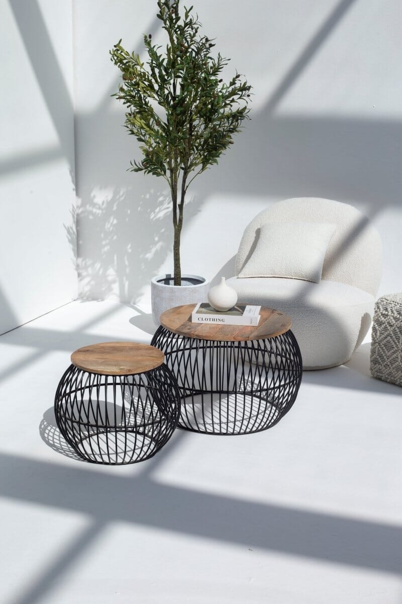 Barber Round Mango Wood Coffee Table Set with Metal Base Homekode