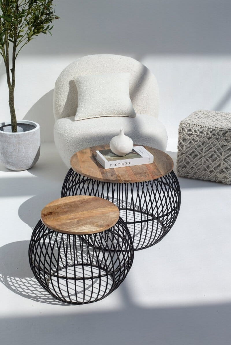 Barber Round Mango Wood Coffee Table Set with Metal Base Homekode