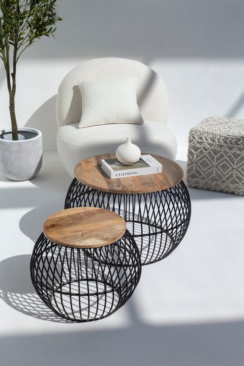 Barber Round Mango Wood Coffee Table Set with Metal Base Homekode