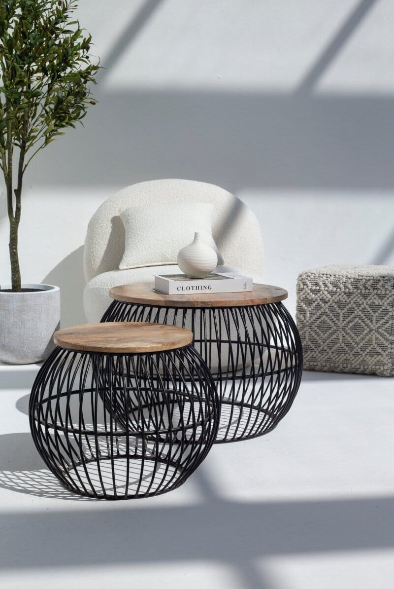 Barber Round Mango Wood Coffee Table Set with Metal Base Homekode