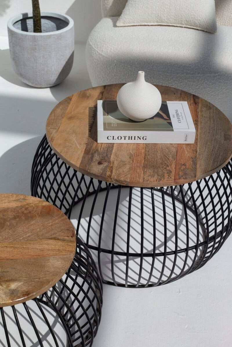 Barber Round Mango Wood Coffee Table Set with Metal Base Homekode Large (One Unit)