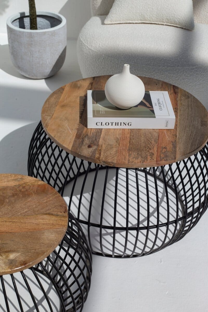 Barber Round Mango Wood Coffee Table Set with Metal Base Homekode Large (One Unit)