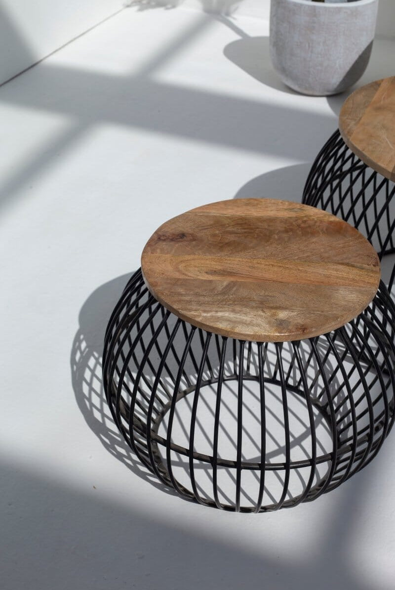 Barber Round Mango Wood Coffee Table Set with Metal Base Homekode Small (One Unit)