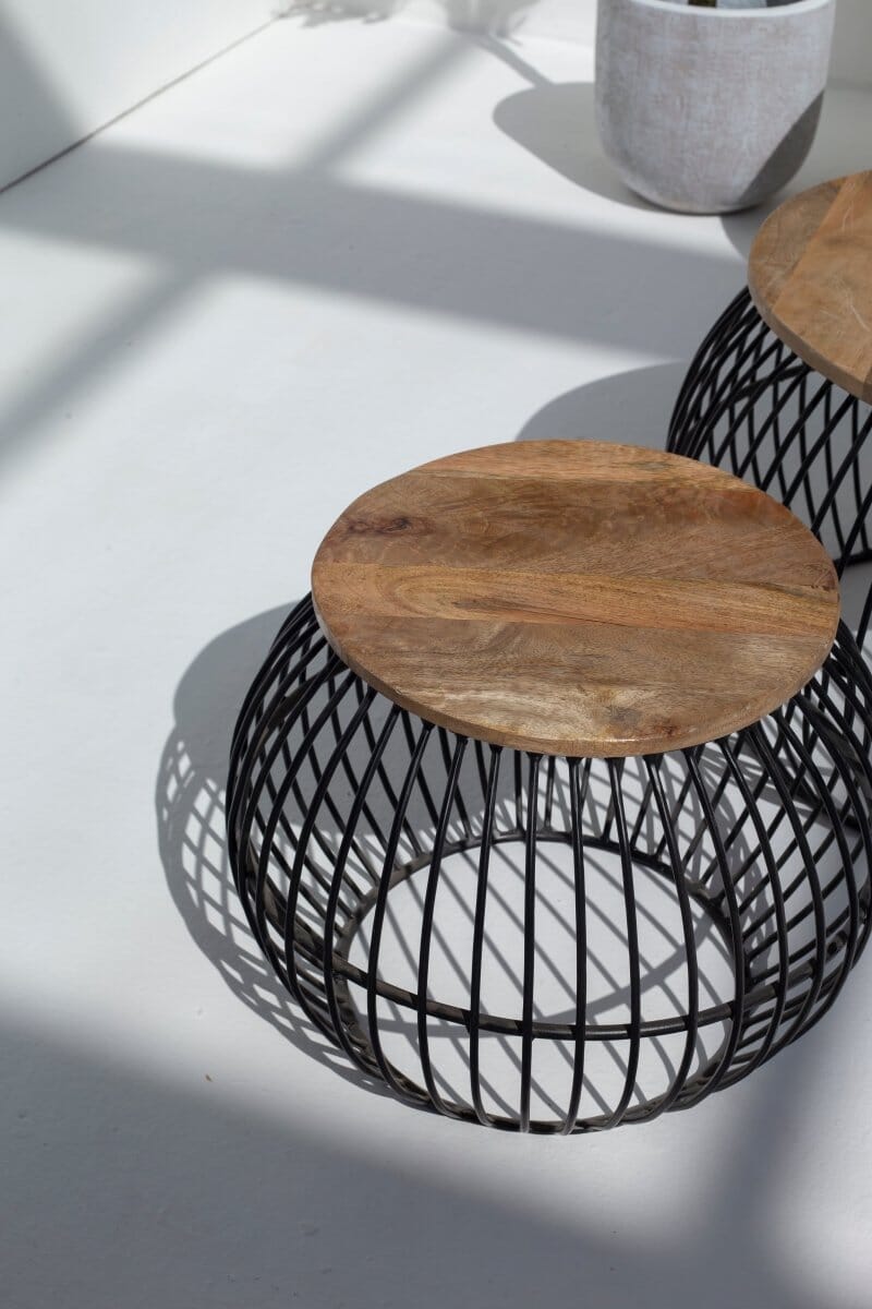 Barber Round Mango Wood Coffee Table Set with Metal Base Homekode Small (One Unit)