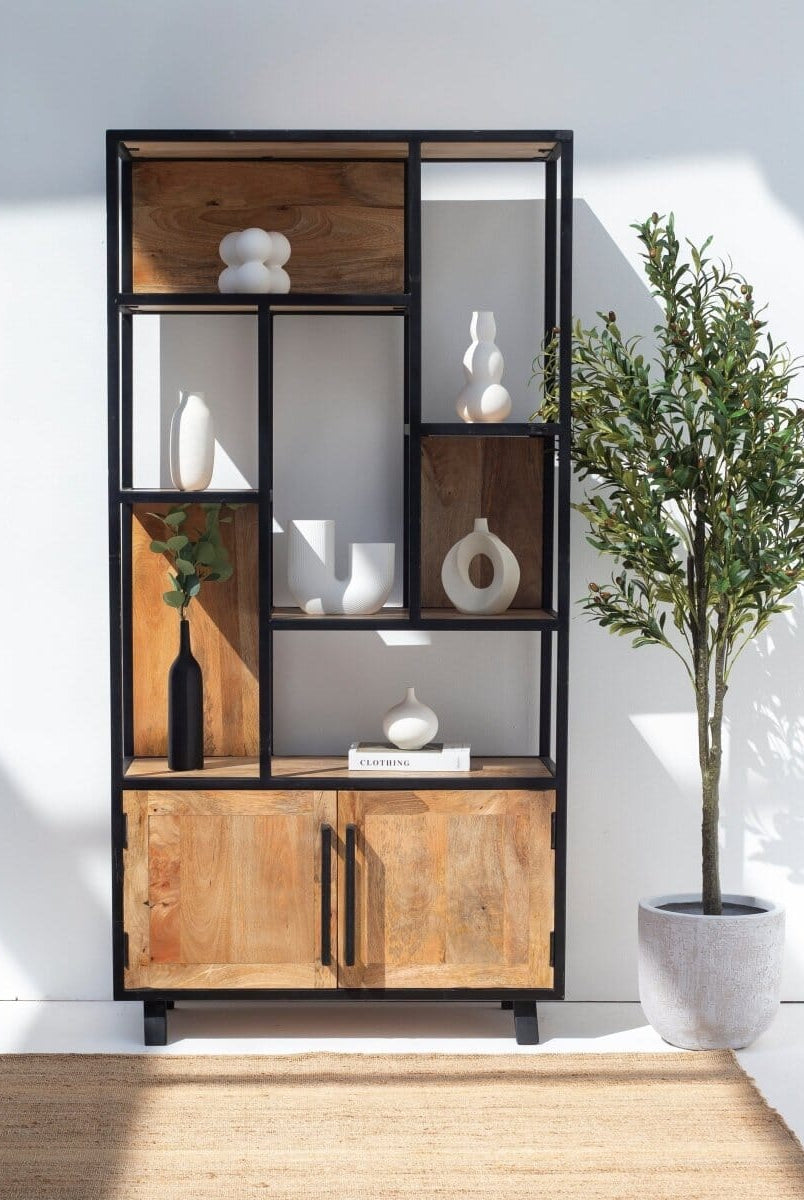Ardley Industrial Display Mango Wood Cabinet with Shelves Homekode