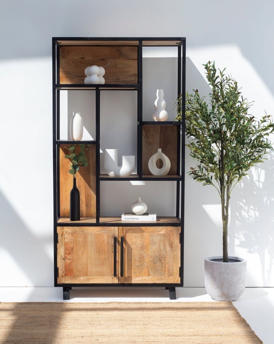 Ardley Industrial Display Mango Wood Cabinet with Shelves Homekode