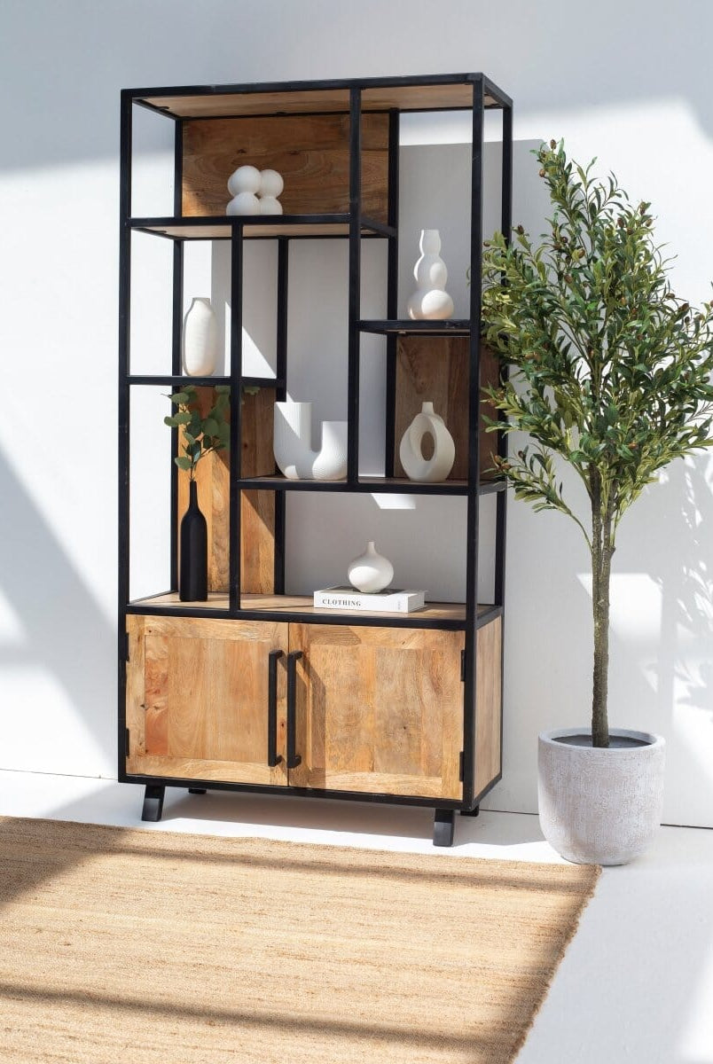 Ardley Industrial Display Mango Wood Cabinet with Shelves Homekode